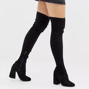 Flare heeled thigh high faux suede boots ASOS design